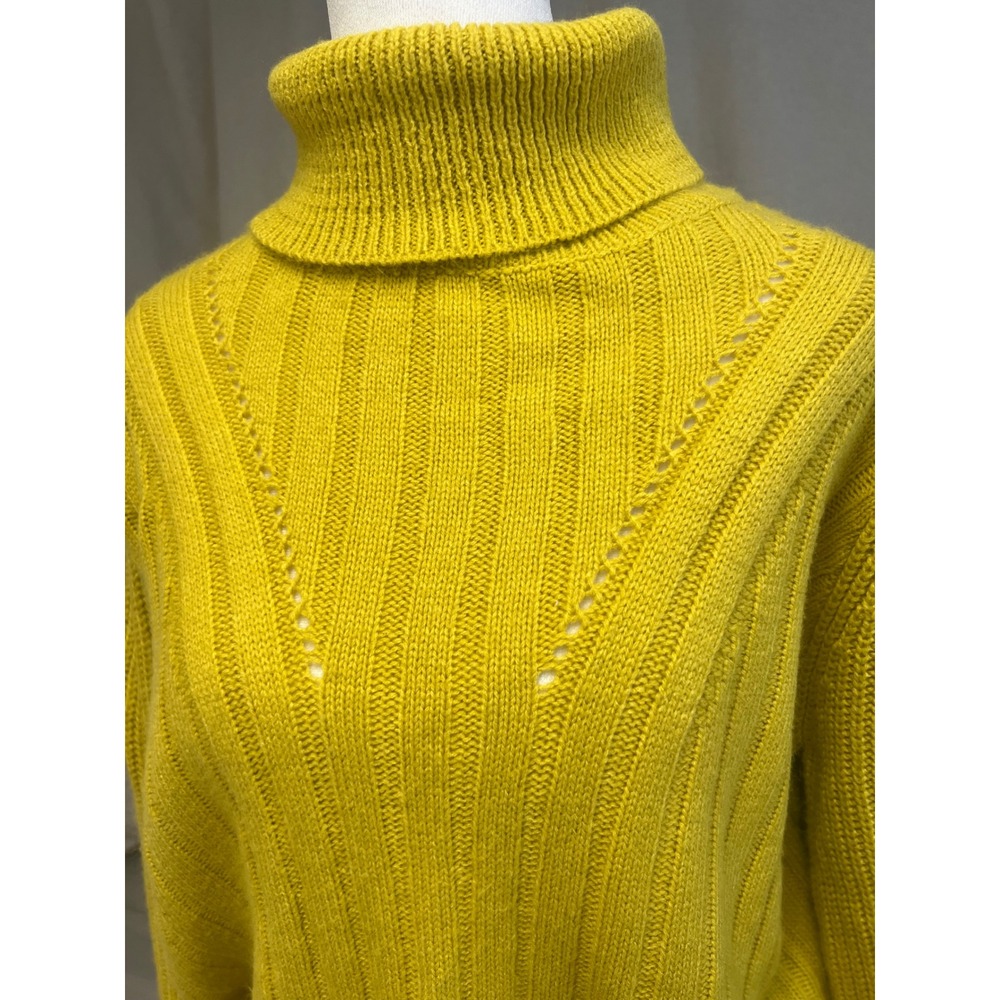 Retro‎ Mustard Yellow Turtleneck Sweater Sz L Chunky Knit Pointelle Boho - Picture 3 of 8